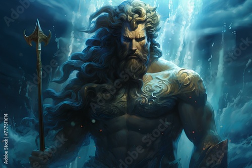 Tempestuous Poseidon sea god. Neptune sea. Generate Ai photo