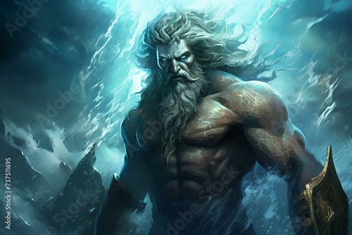 Awe-inspiring Poseidon sea god. Neptune sea. Generate Ai