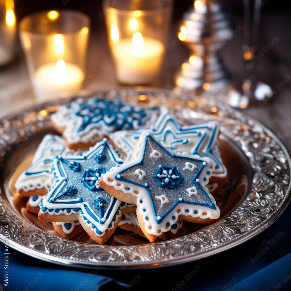 Artfully decorated star cookies in shades of blue and white rest against a backdrop of glowing candles, creating a serene and enchanting scene on a dark surface. Artfully decorated star cookies in shades of blue and white rest against a backdrop of glowing candles, creating a serene and enchanting scene on a dark surface.