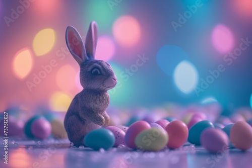 Fototapeta Happy Easter Eggs Basket cute. Bunny in flower easter cheerful decoration Garden. Cute hare 3d ray tracing easter rabbit spring illustration. Holy week resurrection card wallpaper carnations