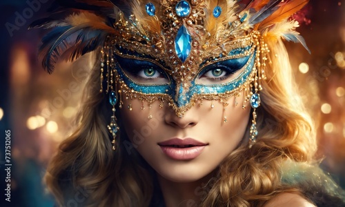 Beautiful young woman in a Venetian mask at the masquerade. ai generative