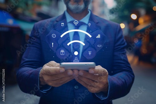 Digital connectivity businessman holds wifi icon, symbolizing social networking photo