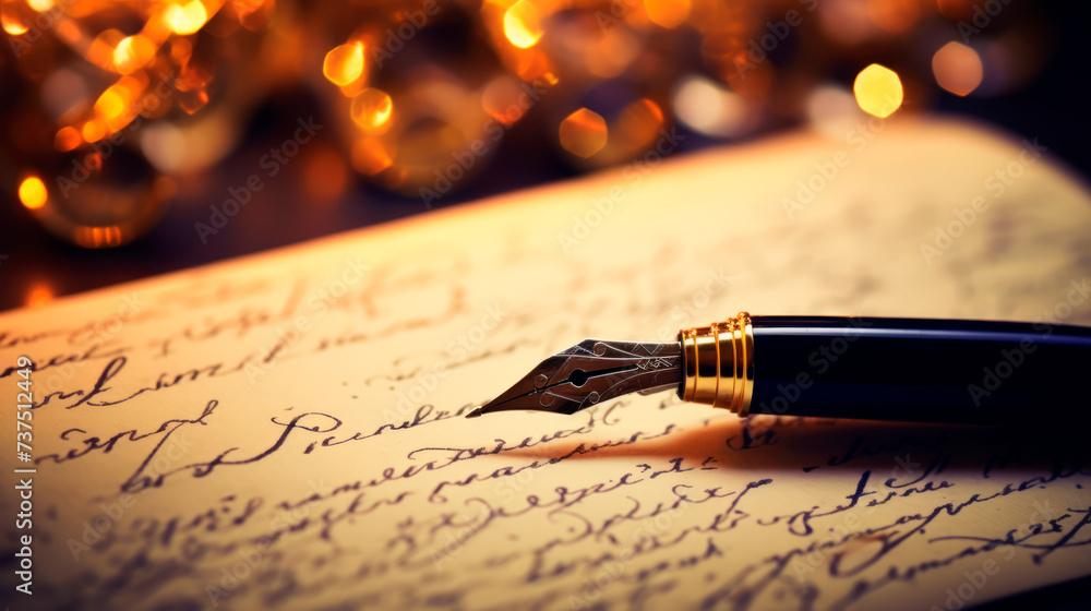 Fototapeta premium A golden pen glides across paper under candlelight, casting an intimate and retro atmosphere where thoughts are woven into words, marrying tradition with the warmth of the moment.