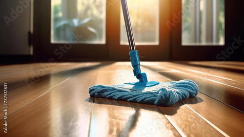 Clean the floor with a blue mop