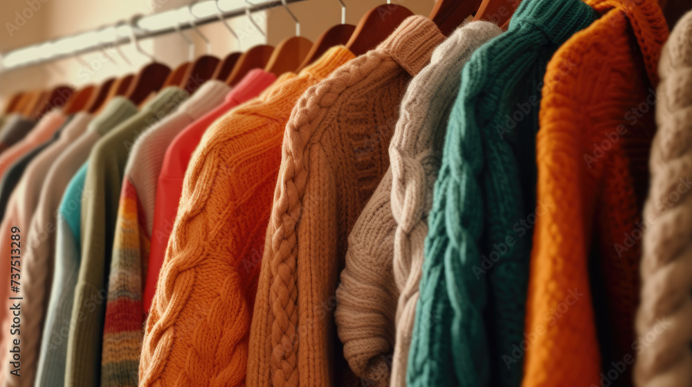 Sweaters hanging in the closet, Knitted clothes Sweaters hanging in the closet, Knitted clothes