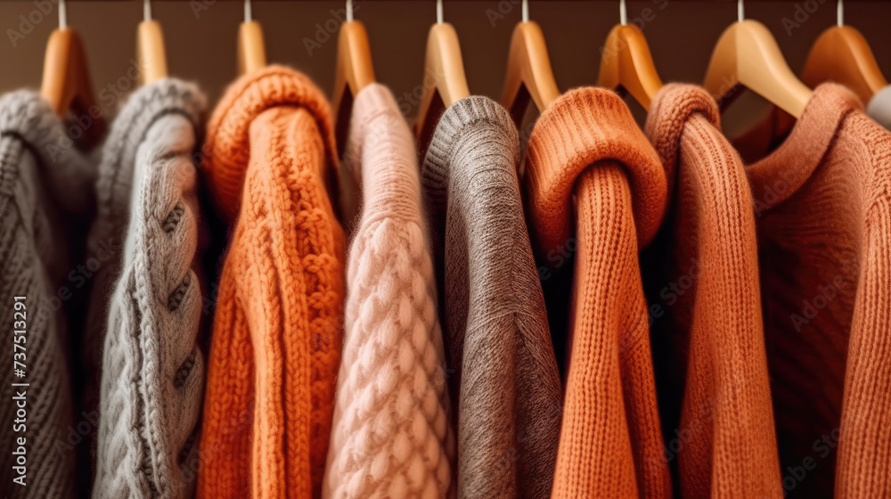 Sweaters hanging in the closet, Knitted clothes - obrazy, fototapety, plakaty 