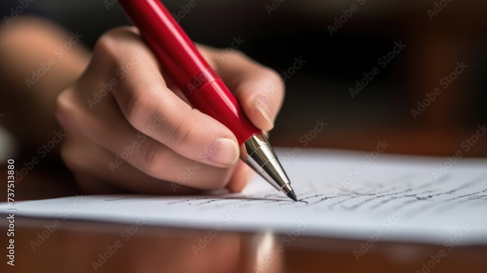A person's handwriting corrections on an essay with a red pen A person's handwriting corrections on an essay with a red pen