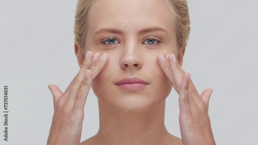 Studio portrait of young, beautiful and natural blond woman applying skin care cream. Face lifting, cosmetics and make-up concept. Studio portrait of young, beautiful and natural blond woman applying skin care cream. Face lifting, cosmetics and make-up concept.