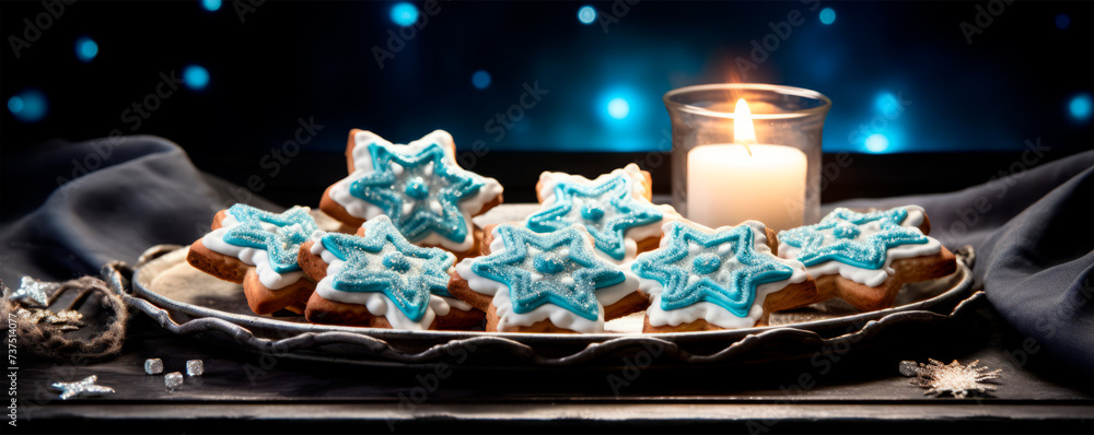 Glittering star-shaped cookies with blue icing on a silver platter shine brightly, their sparkle amplified by the enchanting glow of surrounding candles.