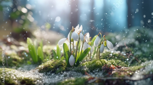 Natural spring with delicate snowdrop flower buds in the forest