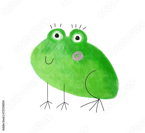Funny Hand Drawn Frog. Simple Vector Illustration with Cute Childish Drawing-like Smiling Frog on a White Background. Simple Infantile Style Nursery Art with Happy Toad Perfect for Wall Art, Card.RGB.