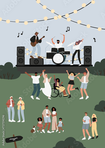 Open-air concert at music festival poster, musicians performing on stage card, people dancing, enjoying drink at food truck, having fun in park vector illustration, characters spending time outdoors.