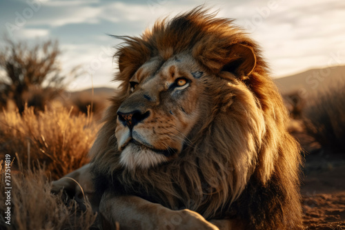 Majestic Lion at Sunset in Natural Habitat © spyrakot