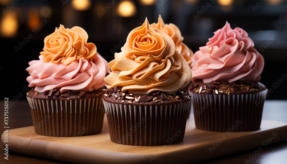 Homemade gourmet cupcake with chocolate icing, a sweet indulgence generated by AI Homemade gourmet cupcake with chocolate icing, a sweet indulgence generated by AI