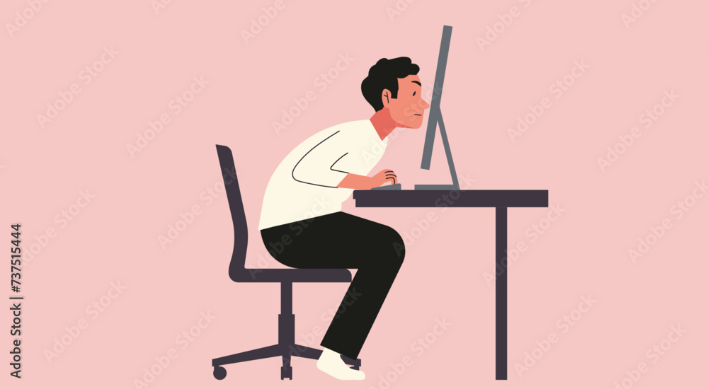 Businessman Sitting at Computer Desk in Busy Office, Focused on Work, Office Syndrome Concept, Vector Flat Illustration Design Businessman Sitting at Computer Desk in Busy Office, Focused on Work, Office Syndrome Concept, Vector Flat Illustration Design