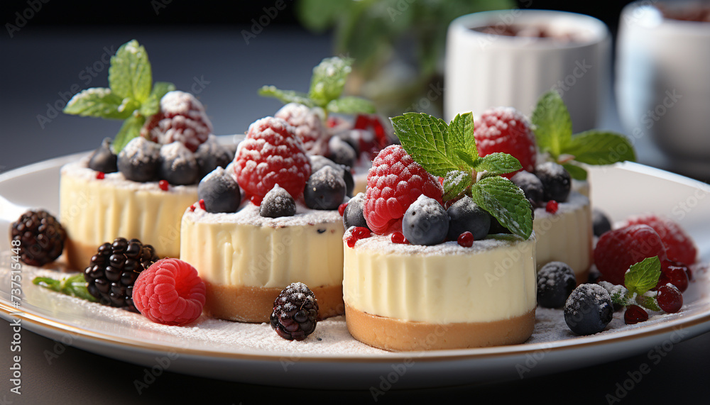 Homemade berry cheesecake, a sweet slice of summer indulgence generated by AI Homemade berry cheesecake, a sweet slice of summer indulgence generated by AI