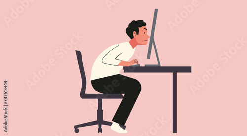 Businessman Sitting at Computer Desk in Busy Office, Focused on Work, Office Syndrome Concept, Vector Flat Illustration Design