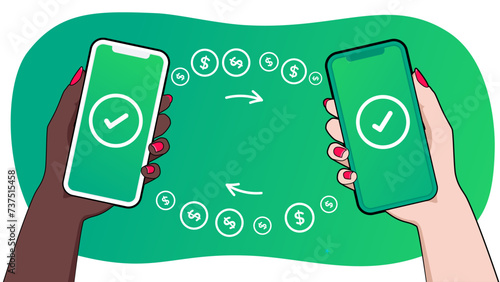 Money flow concept. Mobile payment success. Received and transferred with check mark on screen. Woman's hand transacting with smartphone, sending and receiving money with online banking payment app.