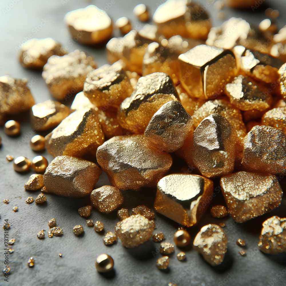 Shiny gold nuggets on grey surface, closeup