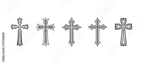 Flat Vector Black Christian Cross Icons Set Isolated on a White Background. Line Silhouette Cut Out Christian Crosses Collection photo
