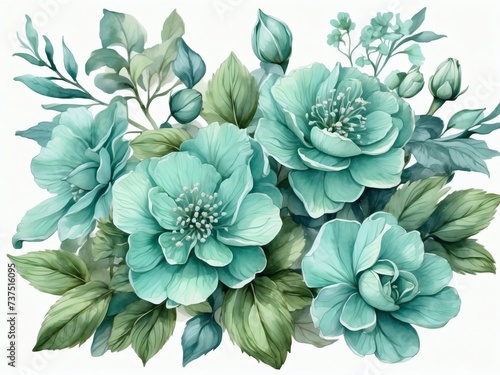 Mint blue floral illustration. Watercolor intricate blooms.