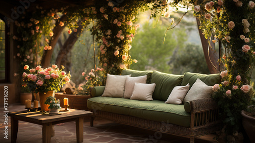 terrace with wooden table and rattan sofa with pillows for relaxing among roses flowers, created with Generative AI Technology.