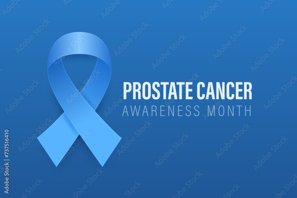 Prostate Cancer Banner, Card, Placard with Vector 3d Realistic Blue Ribbon on Blue Background. Prostate Cancer Awareness Month Symbol Closeup, September. World Prostate Cancer Day Concept Prostate Cancer Banner, Card, Placard with Vector 3d Realistic Blue Ribbon on Blue Background. Prostate Cancer Awareness Month Symbol Closeup, September. World Prostate Cancer Day Concept