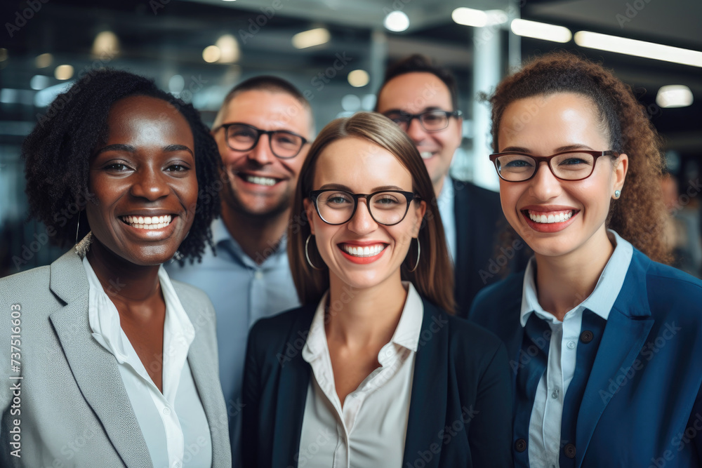 Cheerful business people standing at a modern office Cheerful business people standing at a modern office