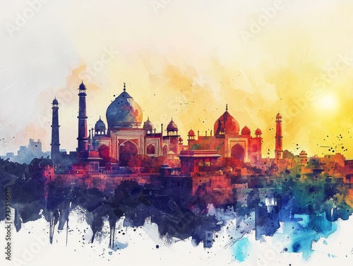Panoramic view illustration of Lahore city with Badshahi Mosque Generative AI