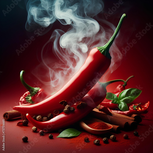 one single Chili pepper steaming hot smoke on red background