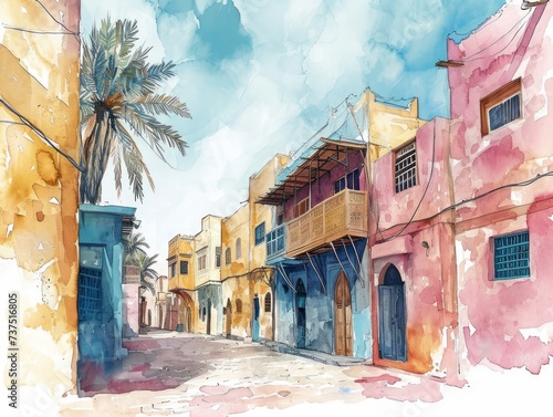 Watercolor Illustration of The Ancient AlBalad District in Jeddah with Traditional Houses Generative AI photo
