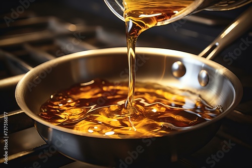 Aromatic Pouring oil frying food. Cooking stove. Generate Ai photo