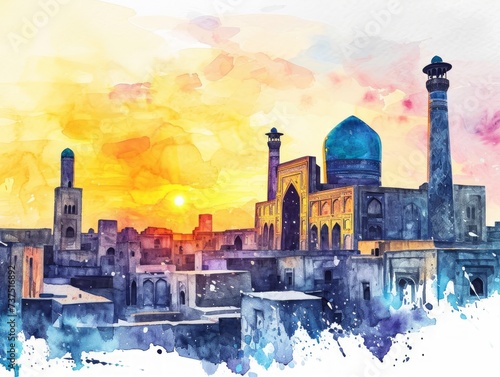 Watercolor Illustration of Historic City of Bukhara, Uzbekistan at Sunset with White Outline Edges Generative AI