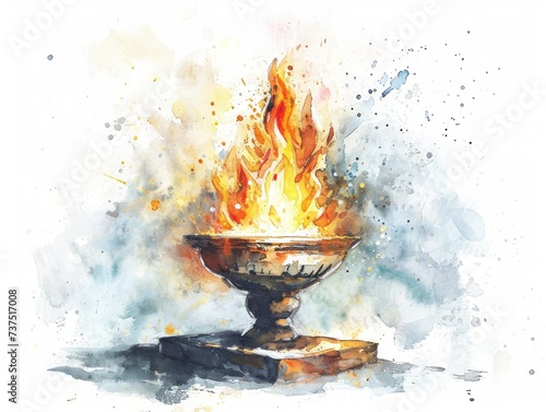 Watercolor Illustration of The Sacred Fire Agnihotra, a Vedic Ritual Generative AI photo