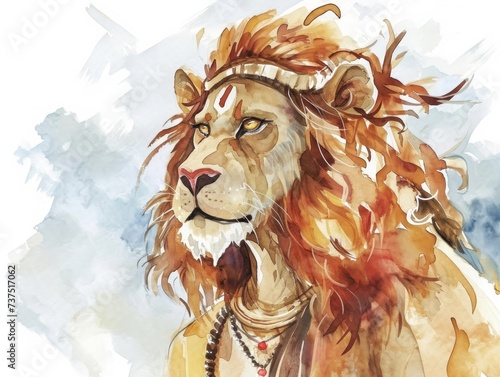 Watercolor Illustration of Narasimha, Vishnu's Lionman Avatar Generative AI photo