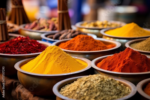 Colorful powder spices. Bowl cuisine. Generate Ai