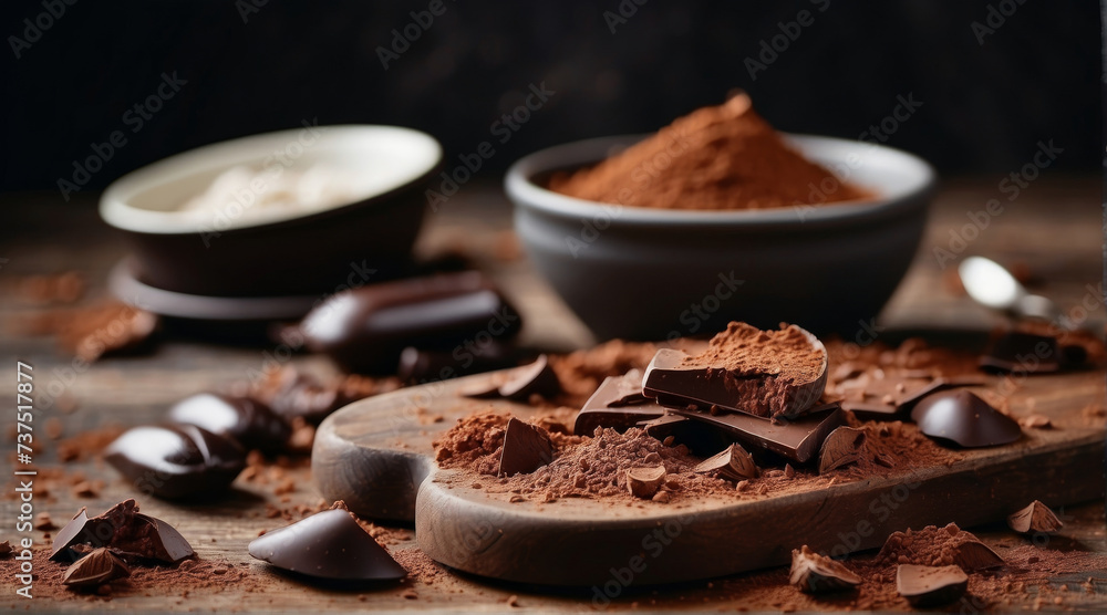 Broken chocolate pieces and cocoa powder Broken chocolate pieces and cocoa powder