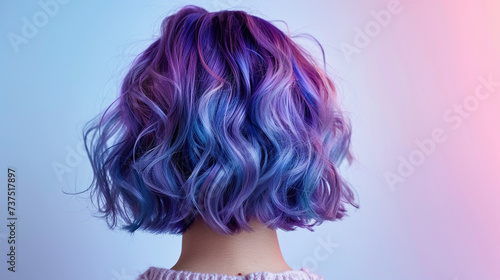 Rear view of purple short bob cut hair of girl with ombre balayage haircolor 