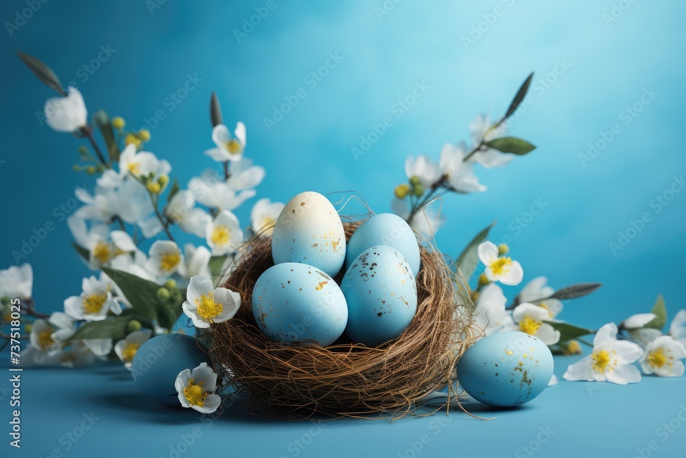 Easter eggs in a nest with cherry blossoms. Blue background. Moody atmospheric image. Easter eggs in a nest with cherry blossoms. Blue background. Moody atmospheric image.