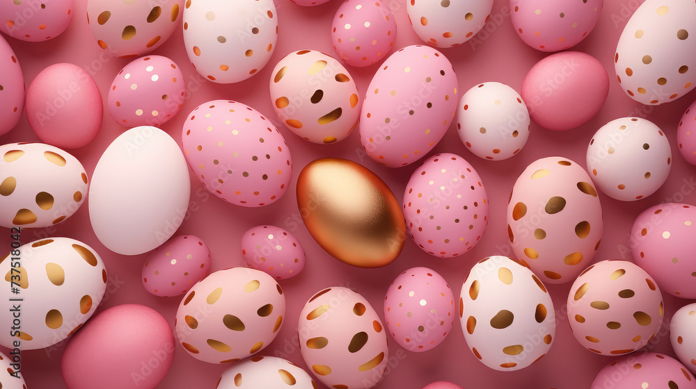Happy easter. Many Pink and golden easter eggs on pink background. Close up. Top view. Happy easter. Many Pink and golden easter eggs on pink background. Close up. Top view.