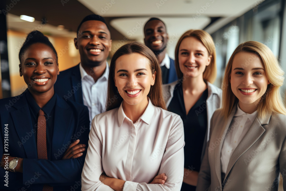 Cheerful business people standing at a modern office Cheerful business people standing at a modern office