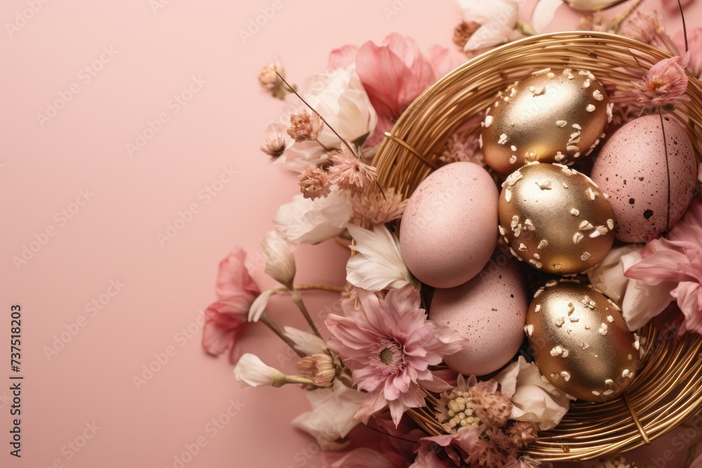 Golden and pink Easter eggs in a basket with flowers on pink background. flay lay, close-up. Easter concept, Easter eggs.