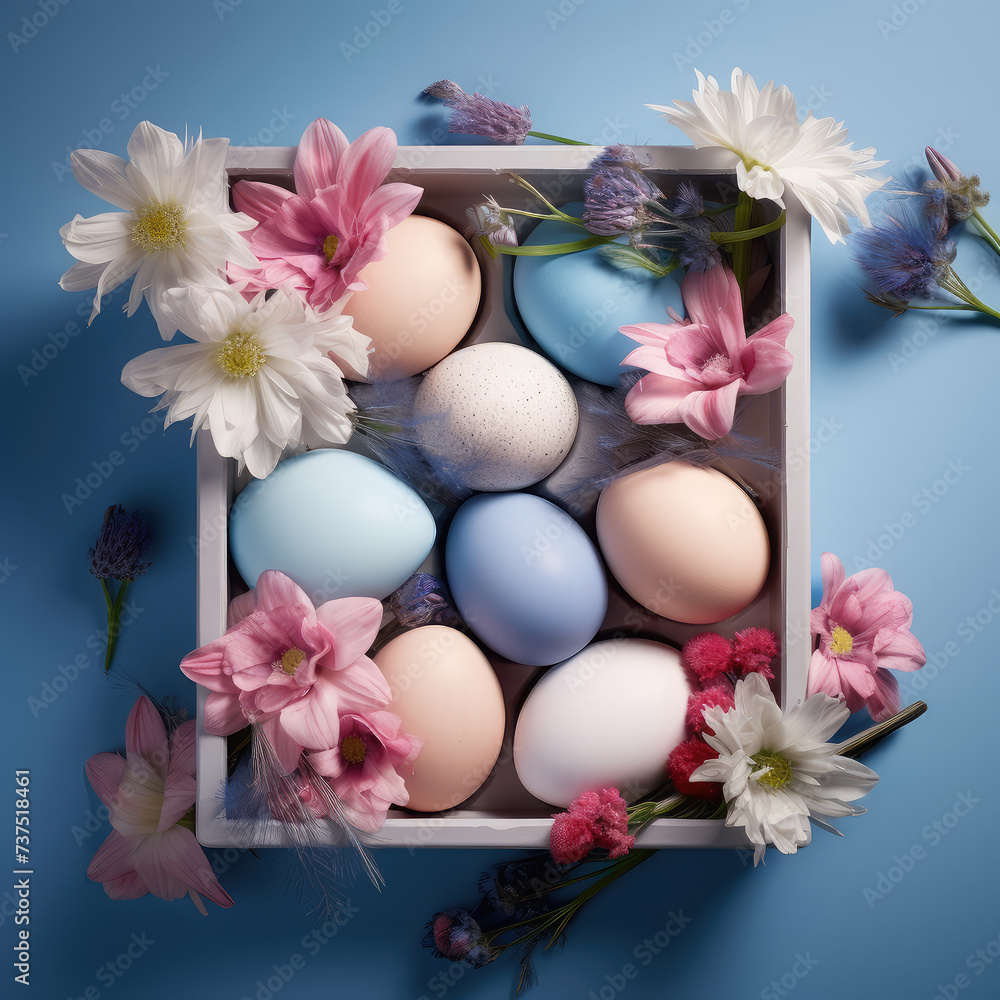 Easter white and blue eggs and lots of wildflowers in wooden box on blue background. Top view, close up. Easter white and blue eggs and lots of wildflowers in wooden box on blue background. Top view, close up.