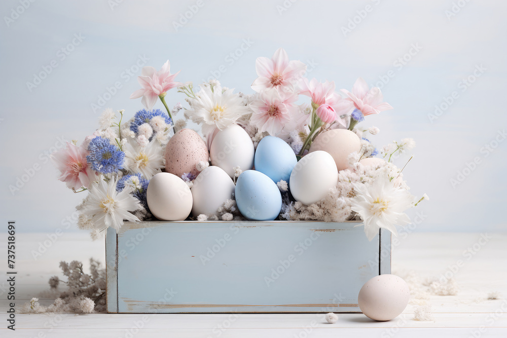 Easter white and blue eggs and lots of wildflowers in wooden box of wooden pastel blue background. close up. - obrazy, fototapety, plakaty 