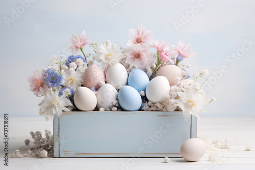 Easter white and blue eggs and lots of wildflowers in wooden box of wooden pastel blue background. close up.