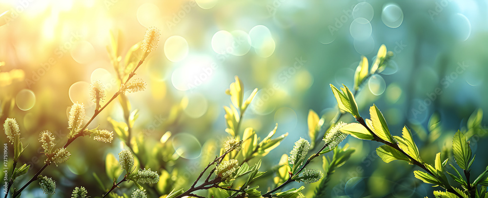 A branch with a flowering willow tree illuminated by soft sunlight.