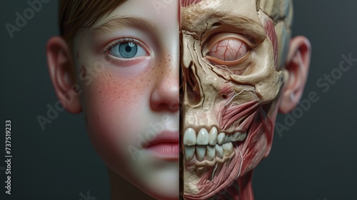 Half Child Portrait and Half Anatomical Model Showcasing Human Facial Musculature and Bone Structure