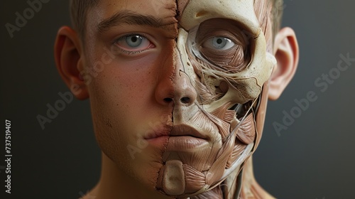 Human Skull and Muscle Anatomy, Half Exposed View for Educational Science Concept photo