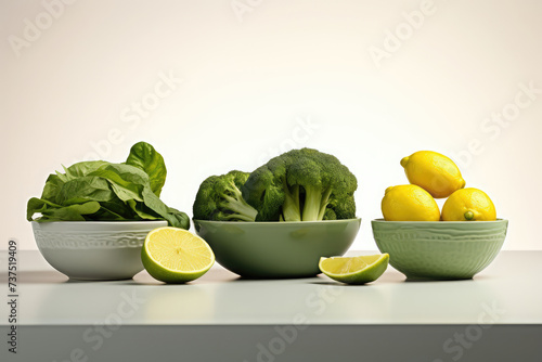 Spinach, lime, broccoli and lemons in bowls. Fresh healthy raw vegetables and fruits for salad.