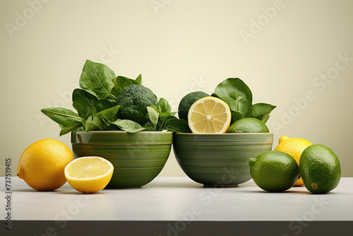 Spinach, lime, broccoli and lemons in bowls. Fresh healthy raw vegetables and fruits for salad.